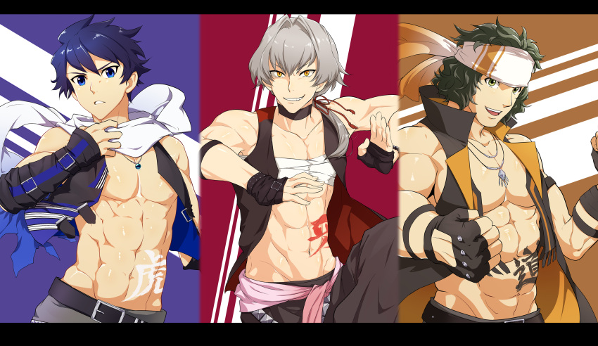 3boys, absurdres, bandanna, blue_eyes, blue_hair, choker, collarbone, enjouji_michiru, fingerless_gloves, gloves, green_eyes, green_hair, grin, hair_tie, highres, idolmaster, idolmaster_side-m, jewelry, kizaki_ren, letterboxed, looking_at_viewer, male_focus, multiple_boys, muscle, necklace, open_mouth, parted_lips, ponytail, sarashi, scarf, shirtless, silver_hair, smile, taiga_takeru, tamahiro, tattoo, the_kogado, yellow_eyes