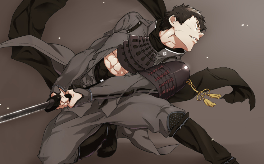 1boy, black_hair, doudanuki_masakuni, grin, highres, idolmaster, idolmaster_side-m, male_focus, scar, short_hair, smile, solo, tamahiro, yellow_eyes