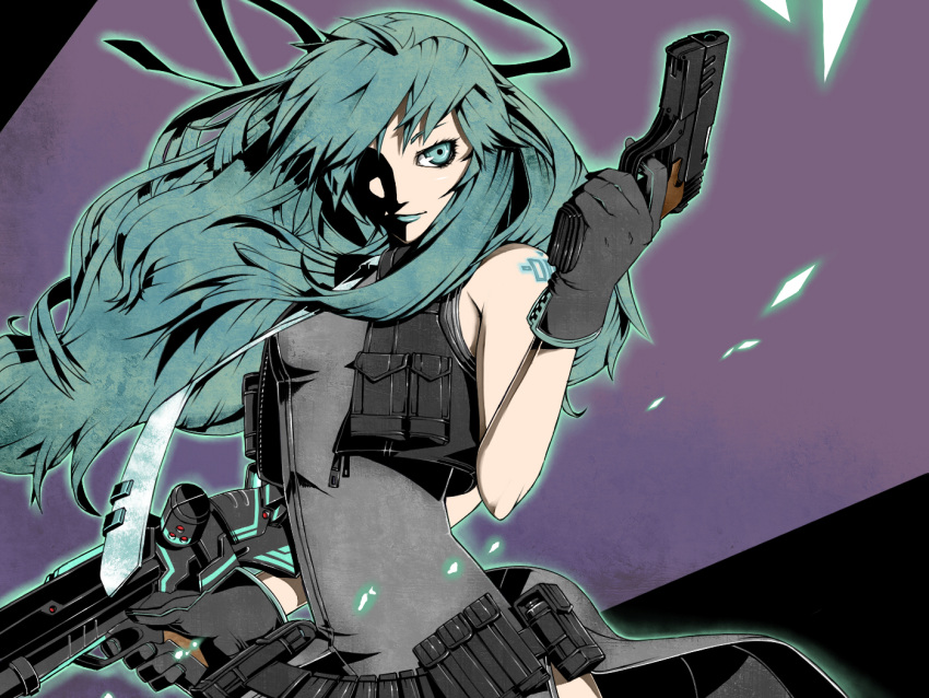 aqua_eyes, aqua_hair, fuyugasumi, gloves, gun, hatsune_miku, lips, long_hair