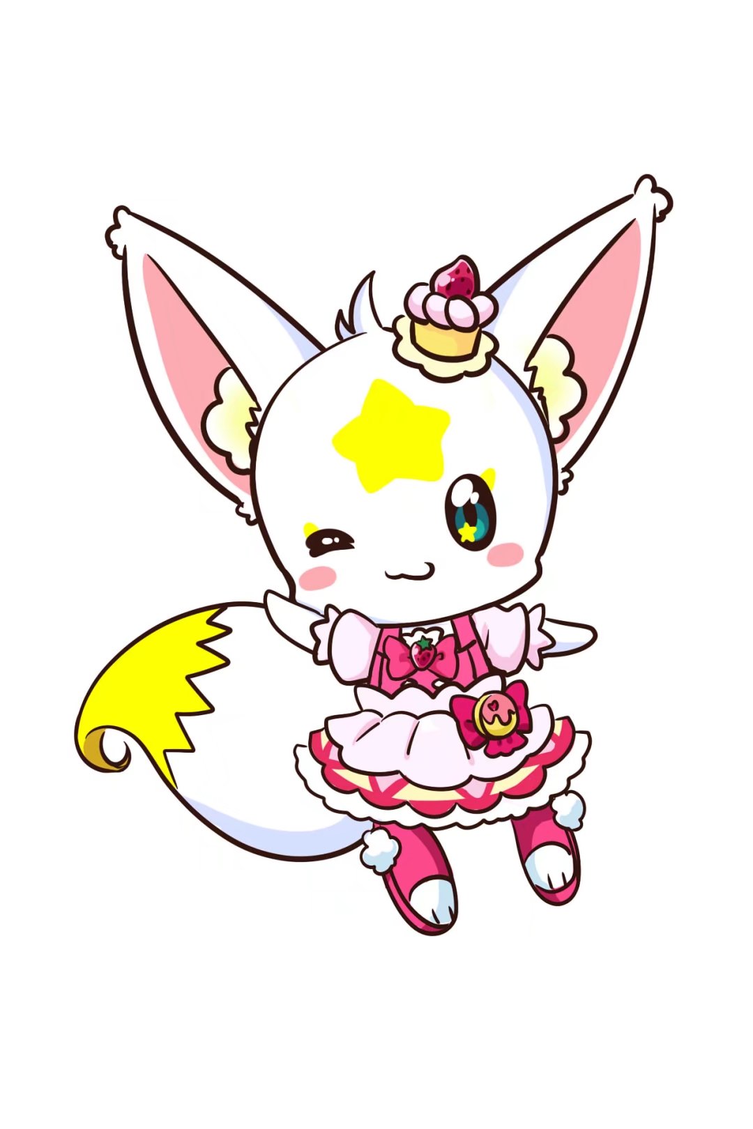 ;3, arm_up, blue_eyes, boots, bow, cake_hair_ornament, character_request, cosplay