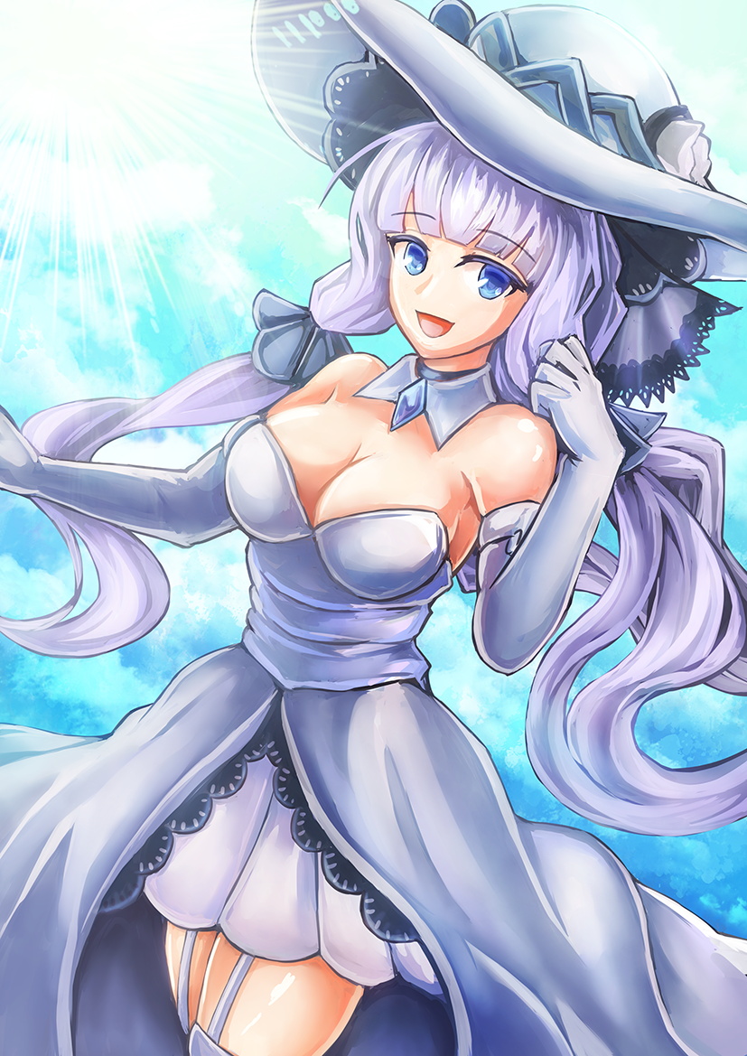 1girl, :d, azur_lane, bangs, bare_shoulders, blue_eyes, blunt_bangs, breasts