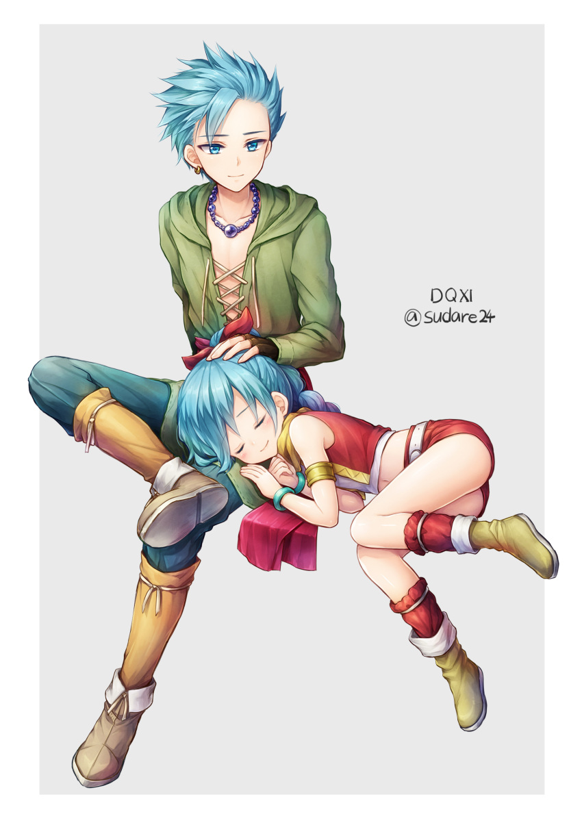 1boy, 1girl, absurdres, bangle, bangs, bead_necklace, beads, blue_eyes, blue_hair, blue_pants, boots, bracelet, braid, brown_footwear, camus_(dq11), cannan, center_opening, closed_eyes, closed_mouth, collarbone, commentary_request, copyright_name, cross-laced_clothes, curled_up, dragon_quest, dragon_quest_xi, earrings, eyebrows_visible_through_hair, green_footwear, green_tunic, grey_background, hair_ribbon, hand_on_another's_head, hands_up, head_rest, high_braid, highres, jewelry, lap_pillow, legs_crossed, light_blush, light_smile, lying, maya_(dq11), midriff, navel, necklace, on_side, pants, red_legwear, red_skirt, red_vest, ribbon, sash, shirt, short_shorts, shorts, sidelocks, simple_background, single_braid, sitting, skirt, sleeveless, smile, spiky_hair, swept_bangs, tsurime, tunic, twitter_username, vest, white_belt, white_border, white_shirt, yellow_legwear