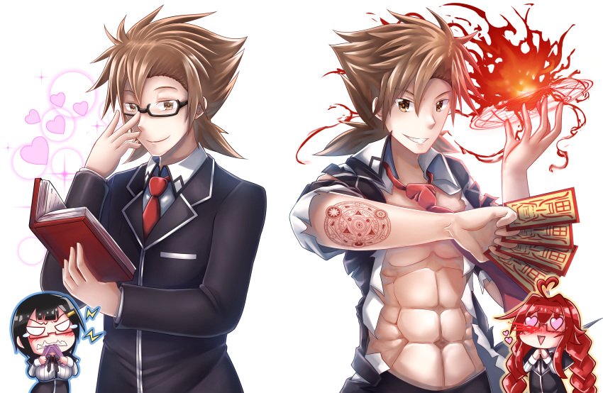 1boy, 2girls, abs, absurdres, adjusting_eyewear, ahoge, alternate_breast_size, alternate_universe