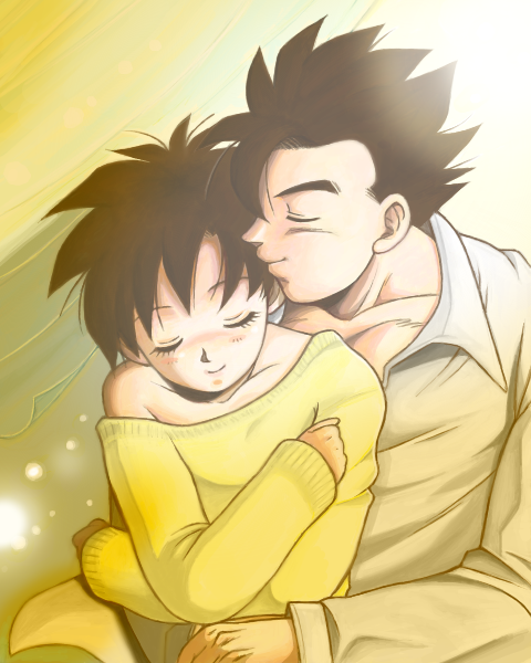 1boy, 1girl, black_hair, closed_eyes, couple, dragon_ball, dragonball_z, happy, hetero, long_sleeves, masa_(p-piyo), shirt, short_hair, simple_background, smile, son_gohan, videl, white_shirt, yellow_background, yellow_shirt