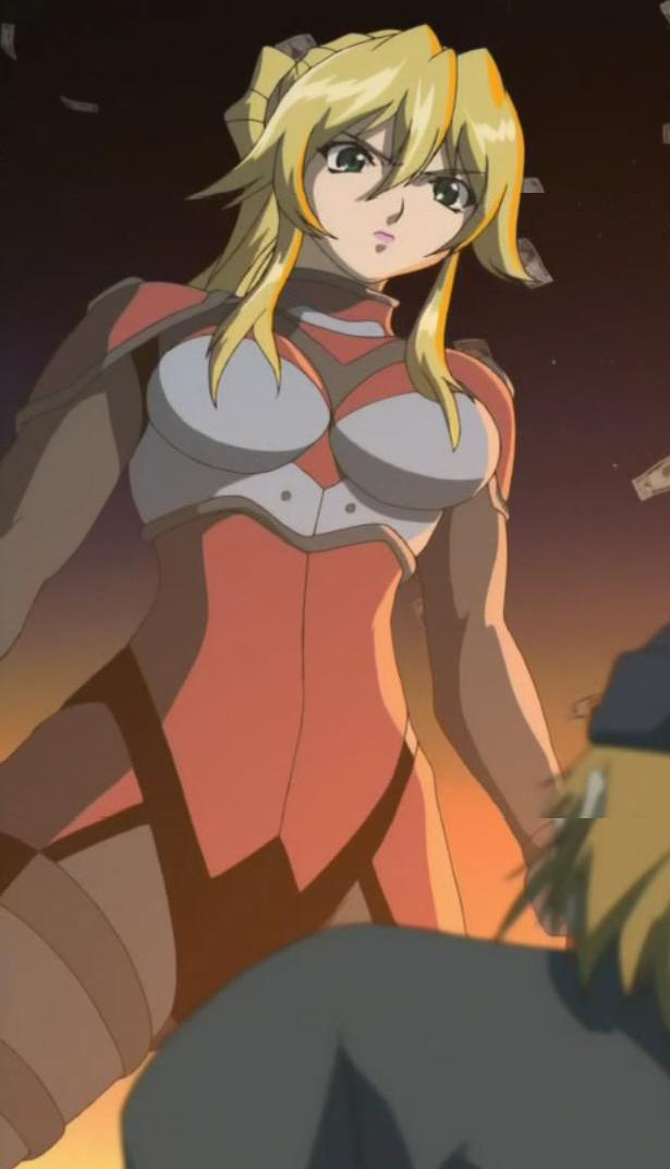 angry, bangs, blonde_hair, bodysuit, burn-up, burn-up_scramble, kinezono_rio, long_hair