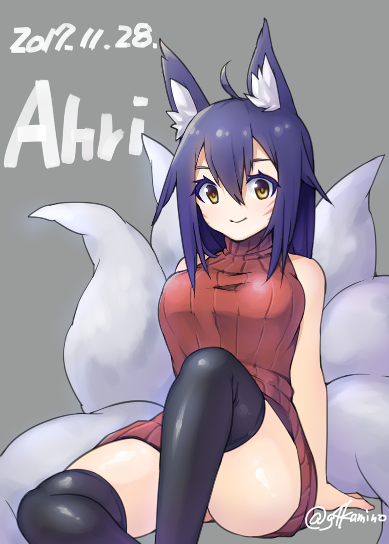 1girl, ahri, animal_ears, bare_shoulders, breasts, character_name, facial_mark, fox_ears, fox_tail, kamino_(gokuyon), large_breasts, league_of_legends, looking_at_viewer, meme_attire, multiple_tails, ribbed_sweater, slit_pupils, solo, sweater, tail, thigh-highs, turtleneck, turtleneck_sweater, whisker_markings, yellow_eyes