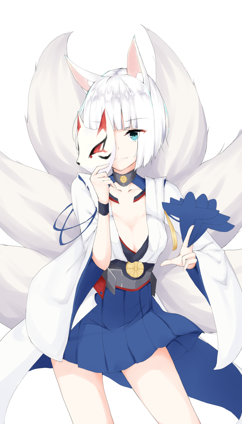 1girl, animal_ears, azur_lane, black_(kbym), blue_eyes, blue_hakama, breasts, choker, cleavage, collarbone, contrapposto, cowboy_shot, eyebrows_visible_through_hair, fox_ears, fox_tail, hair_between_eyes, hakama, hakama_skirt, highres, holding, holding_mask, japanese_clothes, kaga_(azur_lane), kimono, mask, medium_breasts, multiple_tails, short_hair, silver_hair, simple_background, solo, standing, tail, white_background, white_kimono
