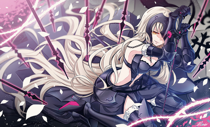 1girl, absurdly_long_hair, armor, armored_boots, black_footwear, black_gloves, black_legwear, boots