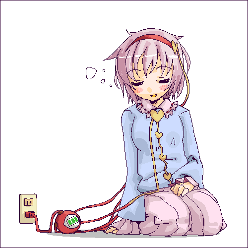 aka_(artist), aka_(red_shine), electric_plug, electric_socket, komeiji_satori, lowres, oekaki, parody, pink_hair, seki_(red_shine), sleeping, touhou, white_background