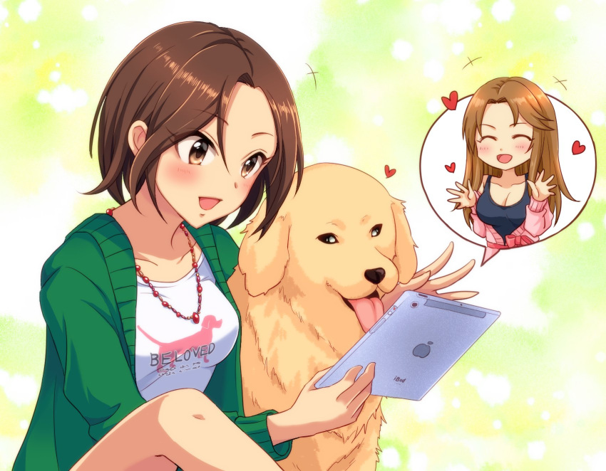 2girls, breasts, brown_eyes, brown_hair, dog, golden_retriever, heart, highres
