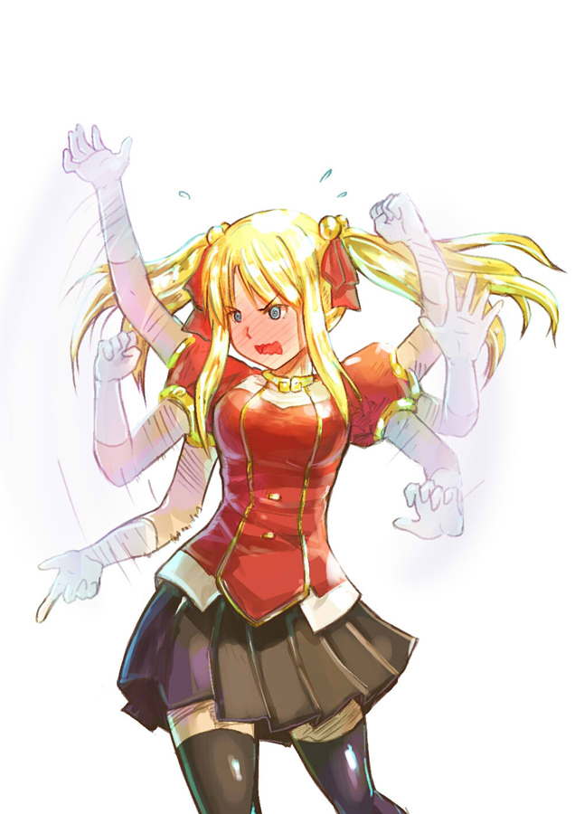 1girl, bell, black_legwear, black_skirt, blonde_hair, blue_eyes, blush, cowboy_shot