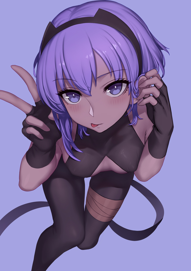 1girl, :p, assassin_(fate/prototype_fragments), bare_shoulders, black_gloves, black_legwear, blush, breasts