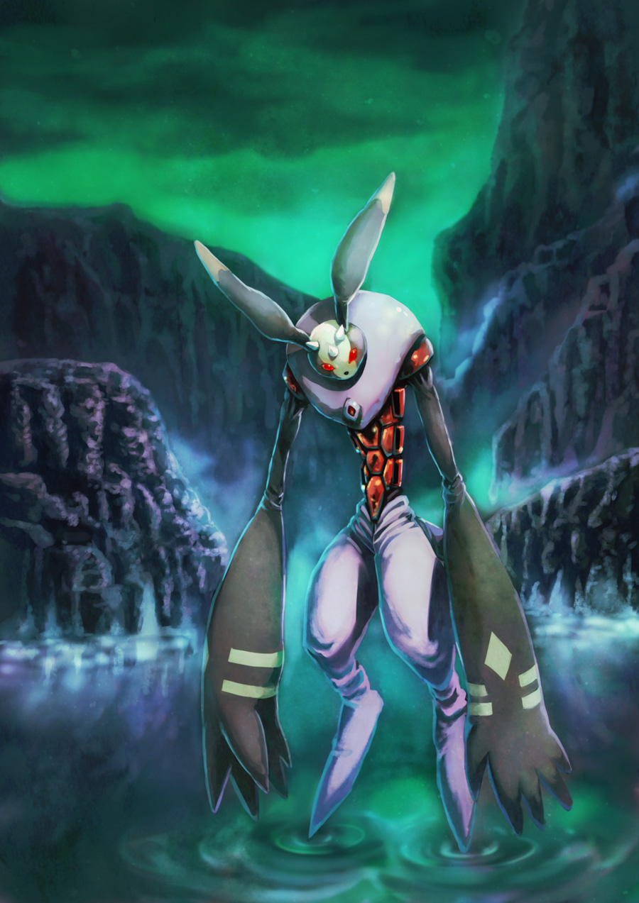 animal_ears, antylamon, digimon, full_body, gouxiong, highres, horns, looking_at_viewer, no_humans, rabbit_ears, red_eyes, rock, sky, walking, walking_on_liquid, water