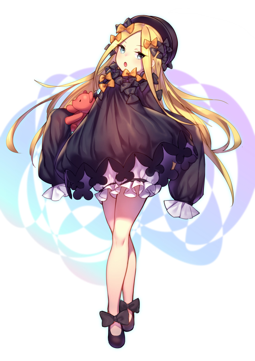 1girl, :o, black_bow, black_dress, blonde_hair, blue_eyes, bow, commentary_request