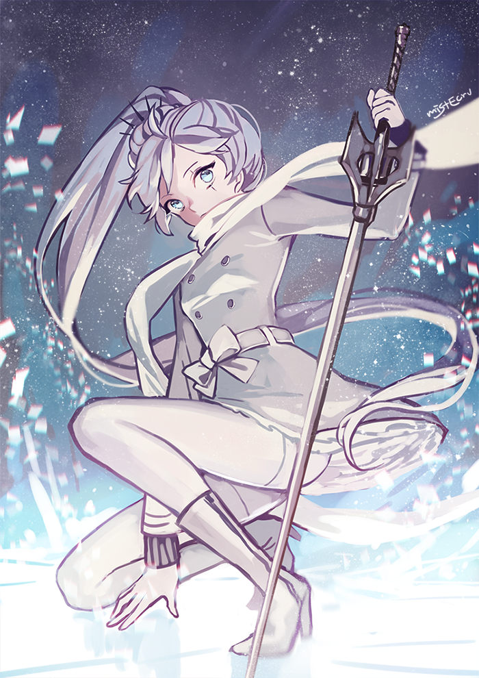 1girl, alternate_costume, artist_name, blue_eyes, ecru, glyph, myrtenaster, rapier
