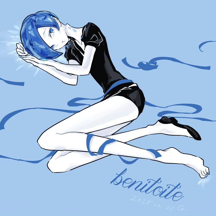 androgynous, benitoite_(houseki_no_kuni), black_shorts, blue_eyes, blue_hair, cojimama, dated, houseki_no_kuni