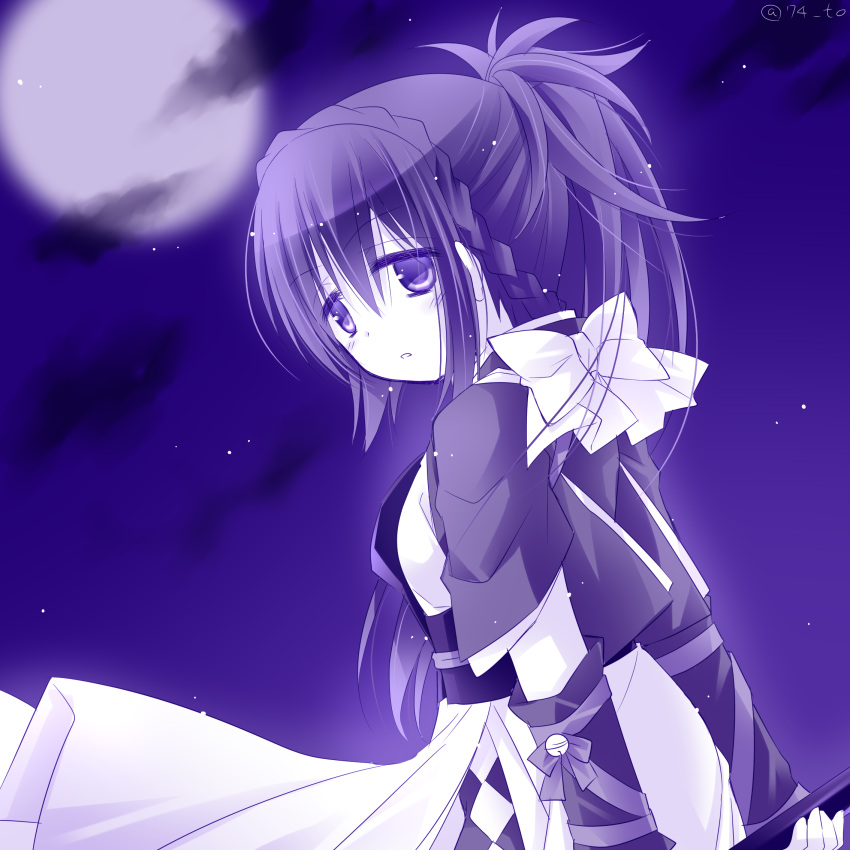 1girl, arms_behind_back, bangs, bell, blush, bow, braid, clouds