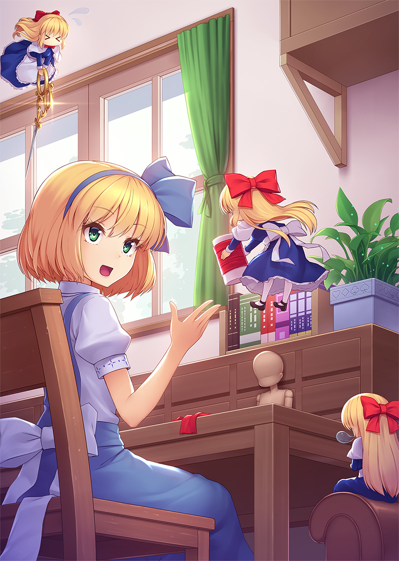 >_<, 4girls, :d, alice_margatroid, alice_margatroid_(pc-98), apron, athrun1120, black_footwear, blonde_hair, blue_dress, blue_hairband, blue_ribbon, blush, book, bow, bubble, cabinet, carrying, chair, curtains, day, desk, doll, dress, eyebrows_visible_through_hair, flying, flying_sweatdrops, glint, green_eyes, hair_bow, hair_ribbon, hairband, hand_up, indoors, leaning_forward, long_hair, long_sleeves, looking_to_the_side, minigirl, multiple_girls, open_mouth, pantyhose, pinafore_dress, plant, potted_plant, puffy_short_sleeves, puffy_sleeves, red_bow, ribbon, scissors, shanghai_doll, shirt, short_hair, short_sleeves, sitting, sleeping, sleeping_upright, smile, touhou, touhou_(pc-98), very_long_hair, waist_apron, white_apron, white_bow, white_legwear, white_shirt, window
