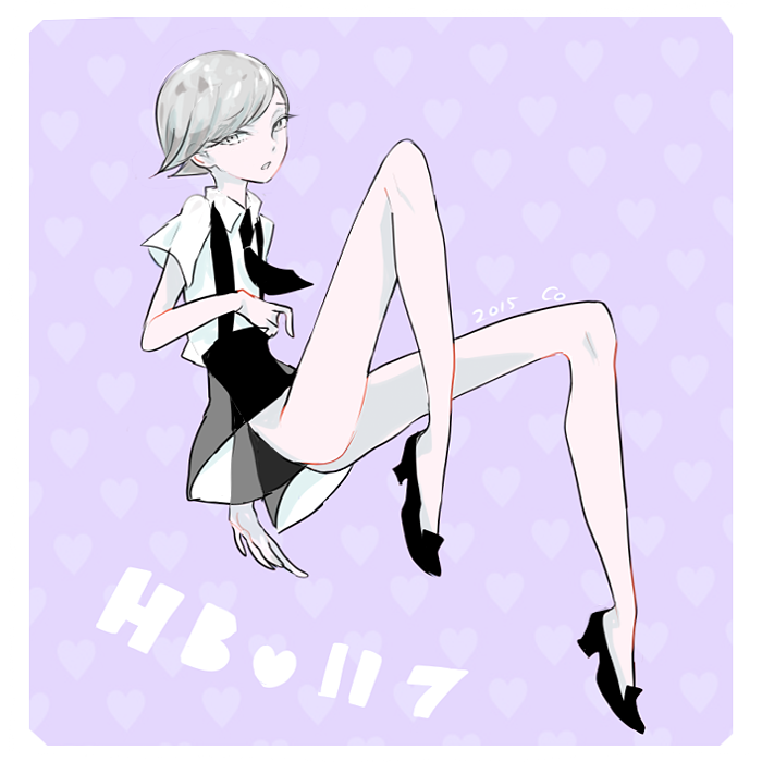 androgynous, black_footwear, black_neckwear, cojimama, dated, goshenite_(houseki_no_kuni), grey_eyes, houseki_no_kuni