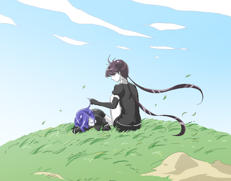 akihiko_(sw4553), androgynous, benitoite_(houseki_no_kuni), black_hair, blue_hair, elbow_gloves, gloves, grass