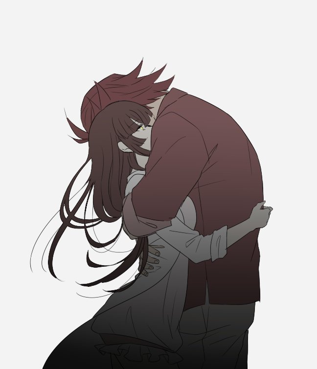 1boy, 1girl, arm_around_shoulders, arm_around_waist, brown_hair, cowboy_shot, dress, dual_persona