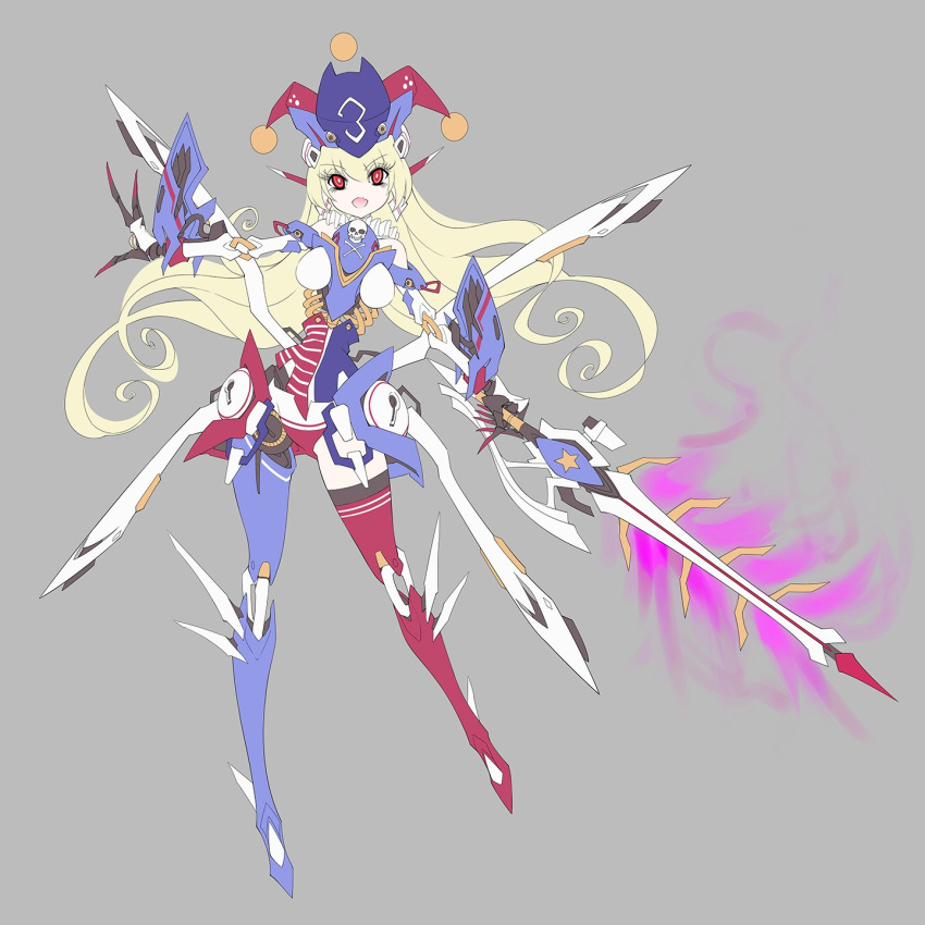 1girl, blonde_hair, blue_legwear, breasts, clownpiece, commentary_request, crossbone_gundam_x-3, flat_color