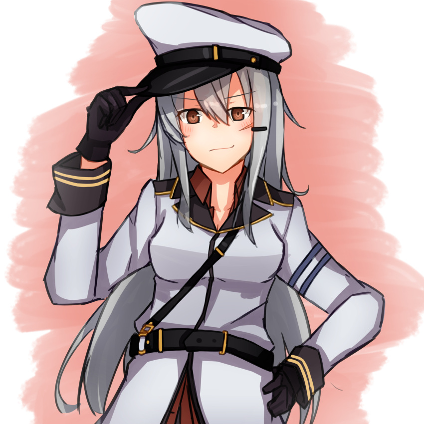 1girl, belt, black_belt, black_gloves, gangut_(kantai_collection), gloves, grey_hair, hat