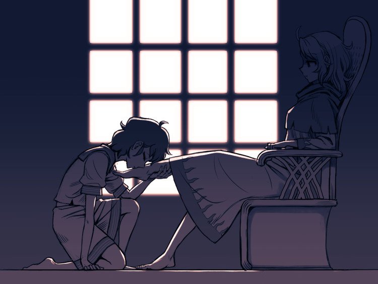 2girls, ahoge, barefoot, chair, closed_eyes, commentary, commentary_request, foot_worship