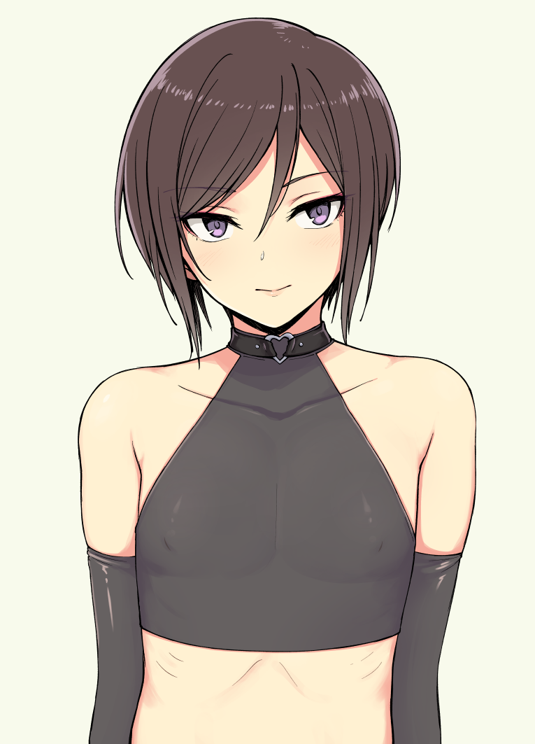 1boy, bangs, black_choker, black_gloves, black_hair, closed_mouth, collarbone, crop_top