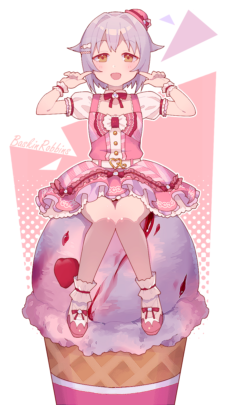 1girl, bare_legs, baskin-robbins, belt, blouse, commentary, food, frilled_cuffs