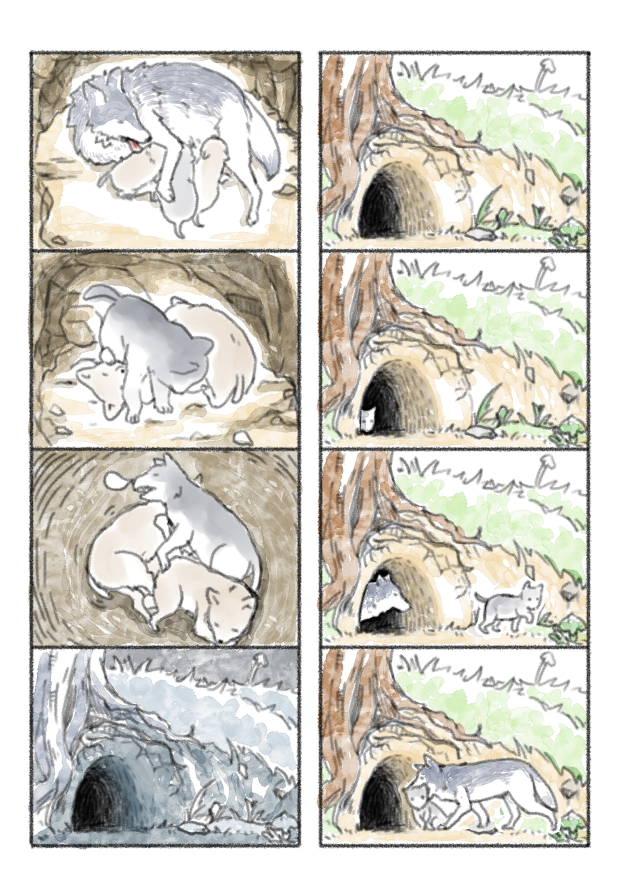 animal, cave, comic, commentary_request, grey_wolf, highres, kemono_friends, murakami_rei, nature, no_humans, nose_bubble, outdoors, silent_comic, sleeping, tree, wolf, wolf_cub