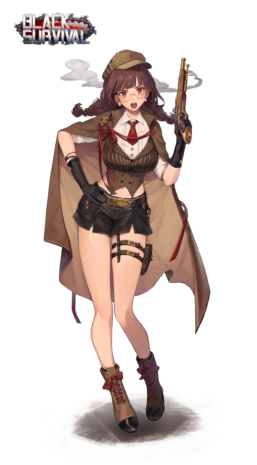 1girl, absurdres, aya_(black_survival), black_gloves, black_survival, boots, braid, cape