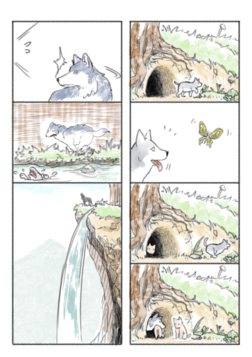 butterfly, cave, comic, grey_wolf, highres, kemono_friends, murakami_rei, nature