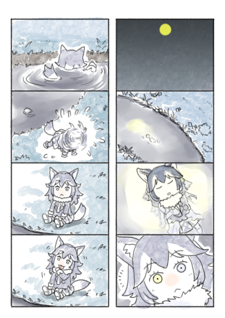 1girl, :<, animal_ears, comic, full_moon, grey_wolf_(kemono_friends), highres, kemono_friends