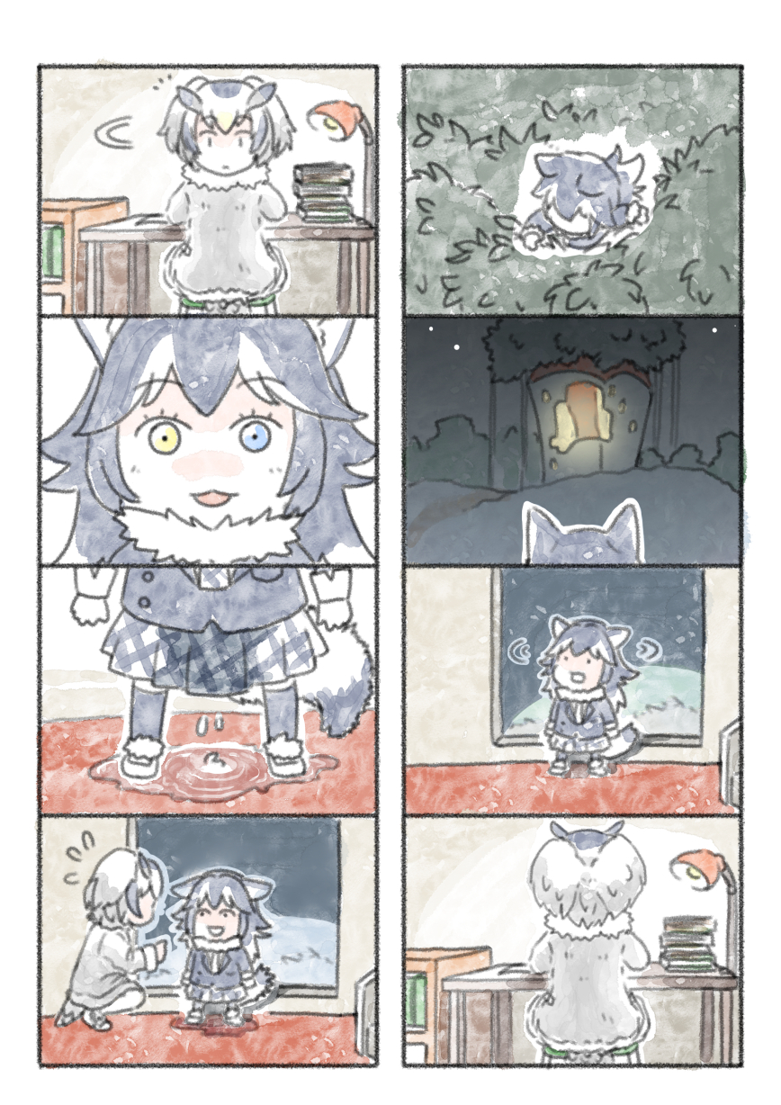 2girls, animal_ears, comic, grey_wolf_(kemono_friends), heterochromia, highres, kemono_friends, multiple_girls