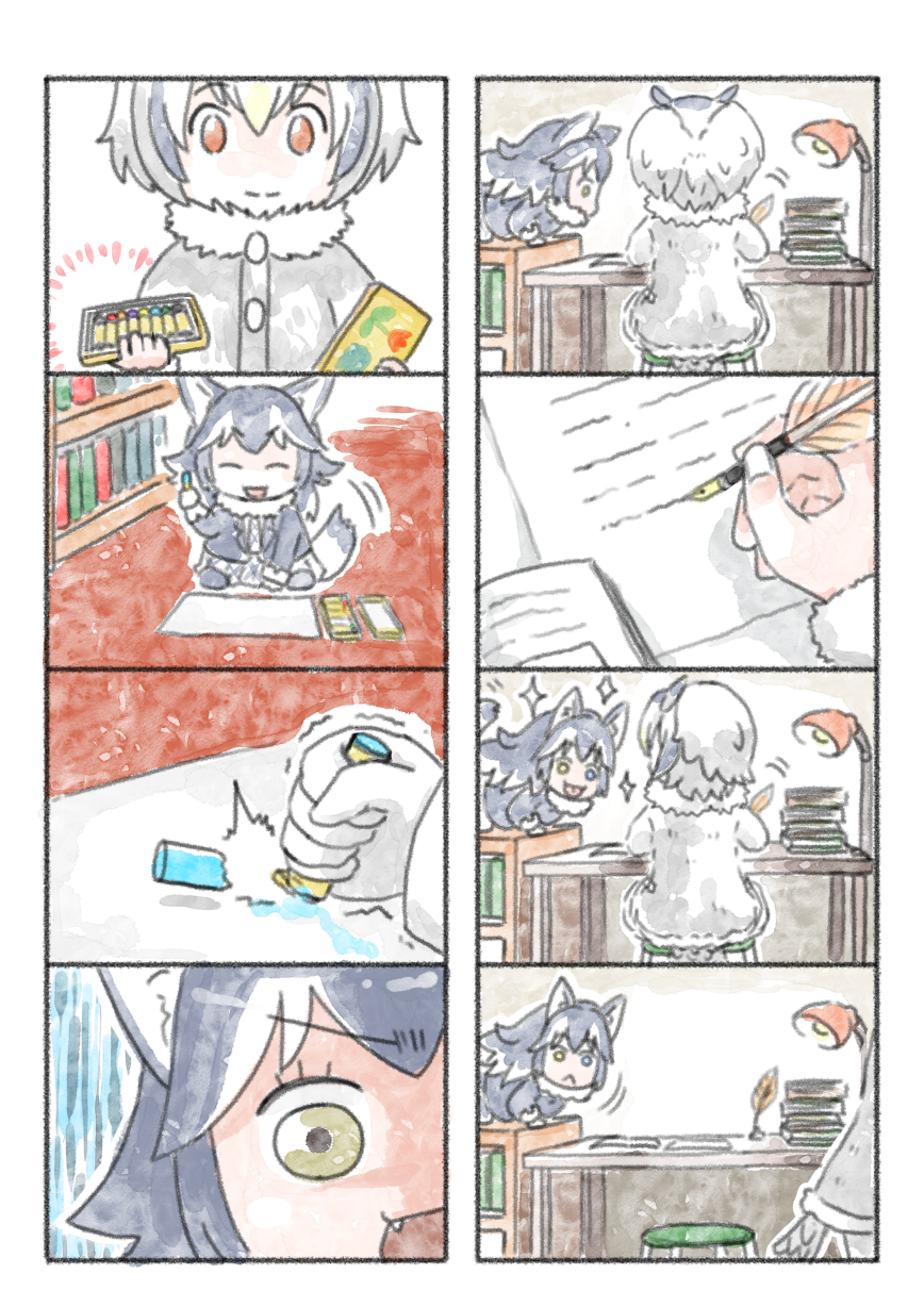 2girls, :<, comic, crayon, fang, grey_wolf_(kemono_friends), heterochromia, highres