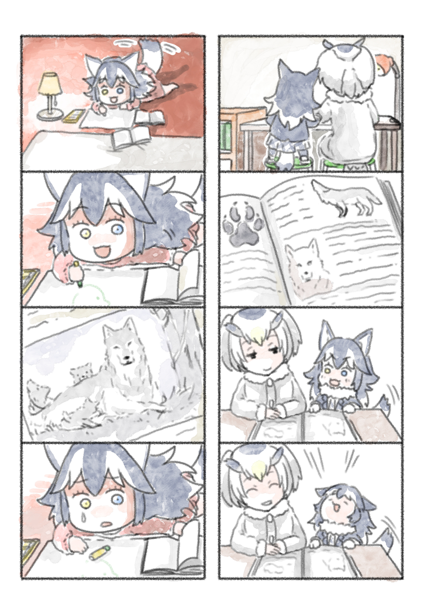 2girls, animal_ears, book, comic, crayon, drawing, grey_wolf_(kemono_friends), heterochromia