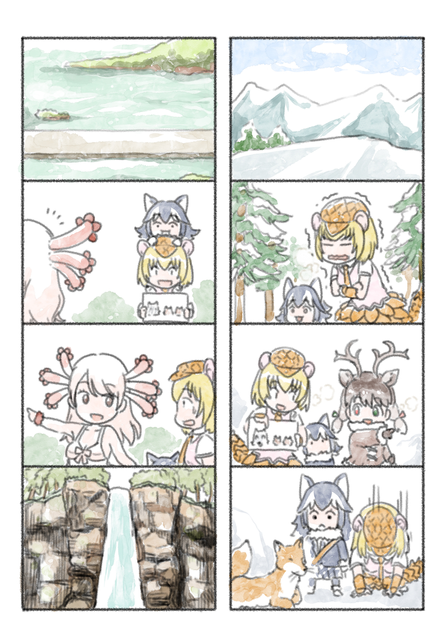 4girls, animal, animal_ears, armadillo_ears, armadillo_girl, axolotl_(kemono_friends), axolotl_girl, comic