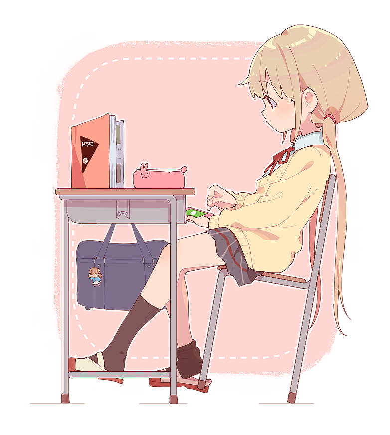 1girl, bag, black_legwear, blonde_hair, book, cellphone, chair, chair_tipping