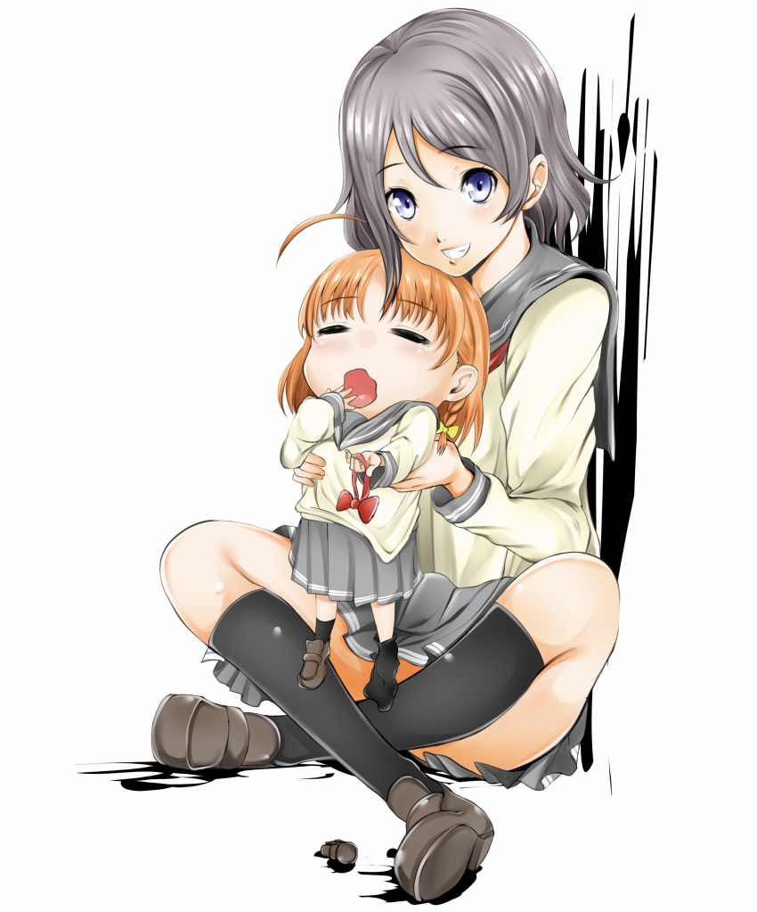 2girls, =_=, absurdres, ahoge, black_legwear, blush, bow, braid