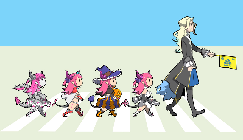 1boy, 4girls, abbey_road, armor, bikini_armor, cape, carrying, crosswalk