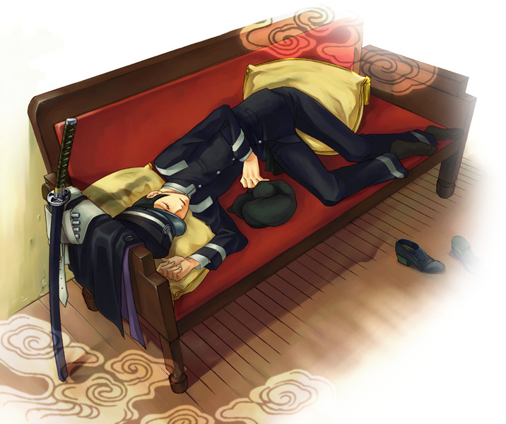 1boy, black_hair, cape, cape_removed, devil_summoner, gouto, hat, kuzunoha_raidou, raizou, sheath, sheathed, shin_megami_tensei, shoes_removed, sideburns, sleeping, solo, sword, weapon