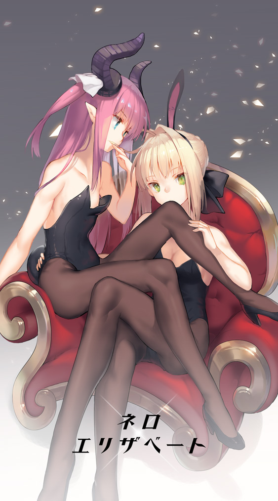 2girls, ahoge, armchair, bare_shoulders, blonde_hair, blue_eyes, bow, breasts, brown_legwear, chair, cleavage, facing_away, fate/extra, fate/extra_ccc, fate_(series), gradient, gradient_background, green_eyes, hair_bow, hair_intakes, hand_to_own_mouth, head_tilt, high_heels, horns, lancer_(fate/extra_ccc), legs_crossed, leotard, long_hair, looking_at_another, looking_at_viewer, medium_breasts, multiple_girls, pantyhose, pink_hair, pointy_ears, ritsuki, saber_extra, short_hair, sidelocks, simple_background, sitting, small_breasts, smelling_hair, tail, two_side_up