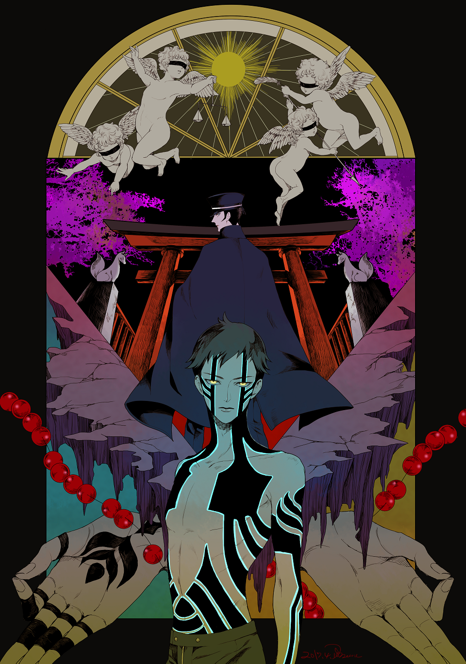 2boys, black_hair, cape, cherub, devil_summoner, hat, highres, hitoshura