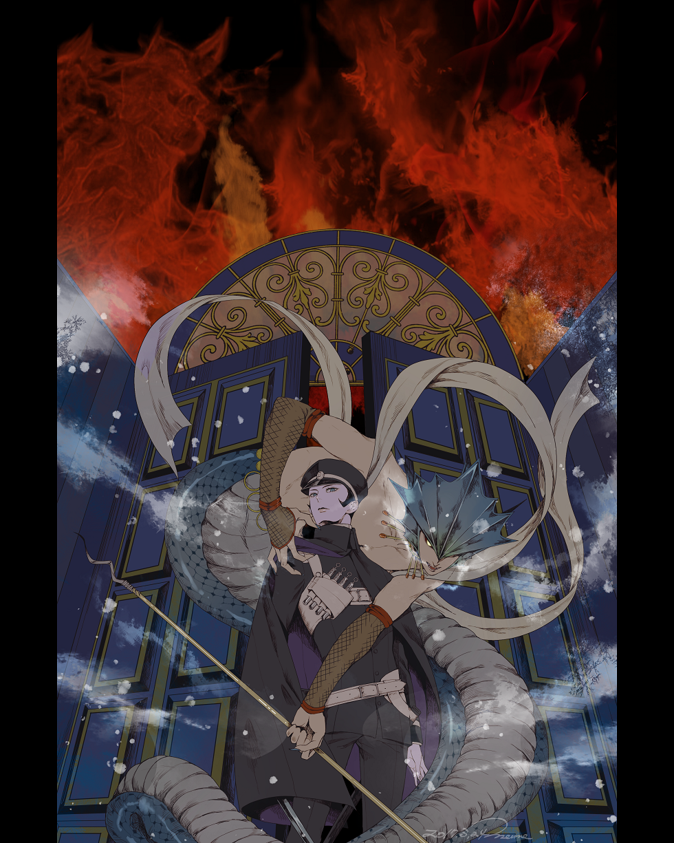 1boy, belt, black_hair, cape, devil_summoner, hat, highres, kuzunoha_raidou, memessa, shako_cap, shin_megami_tensei