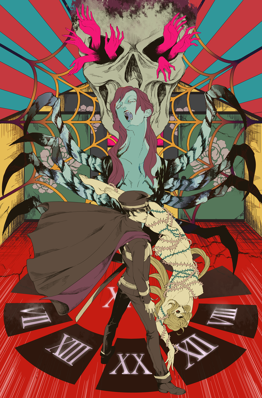 1boy, alraune_(megami_tensei), belt, black_hair, blue_eyes, cape, devil_summoner, fangs