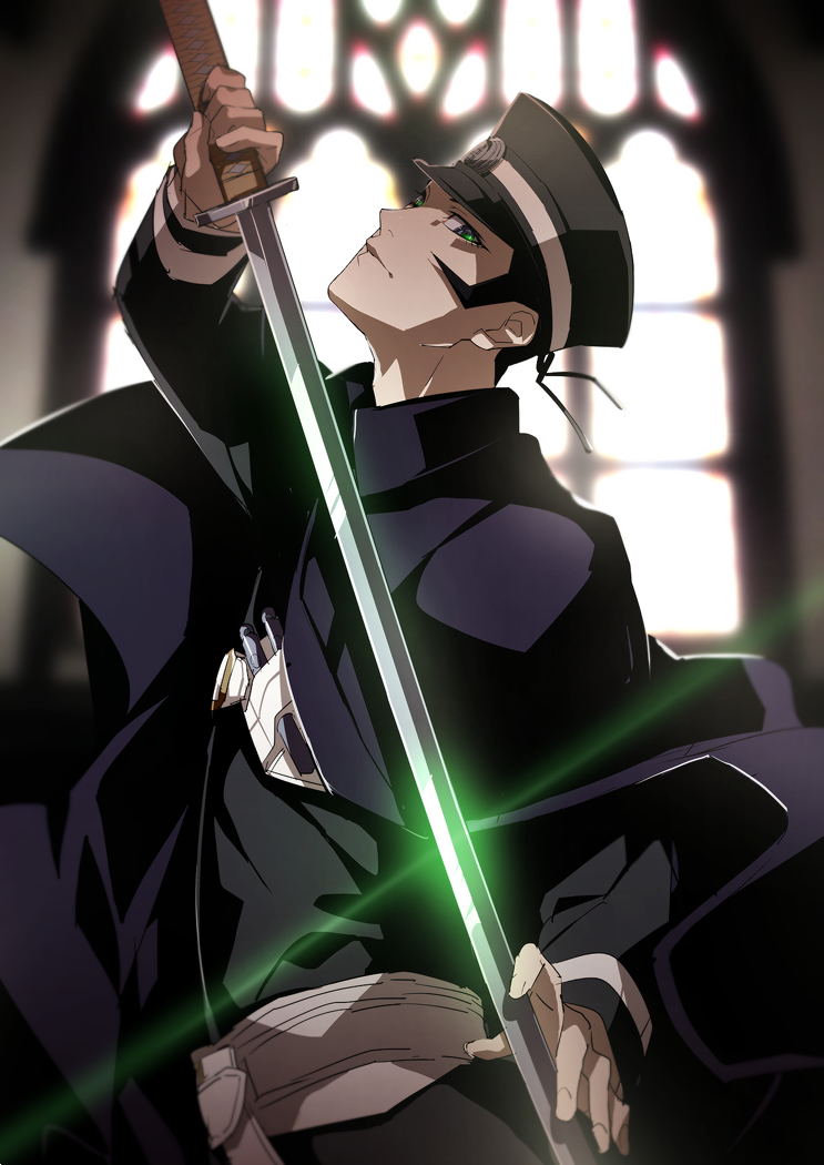 1boy, black_hair, cape, devil_summoner, from_side, glowing, glowing_eyes, hat, holding, holding_sword, holding_weapon, kamizawa_(sark), kuzunoha_raidou, male_focus, shin_megami_tensei, sideburns, solo, sword, weapon
