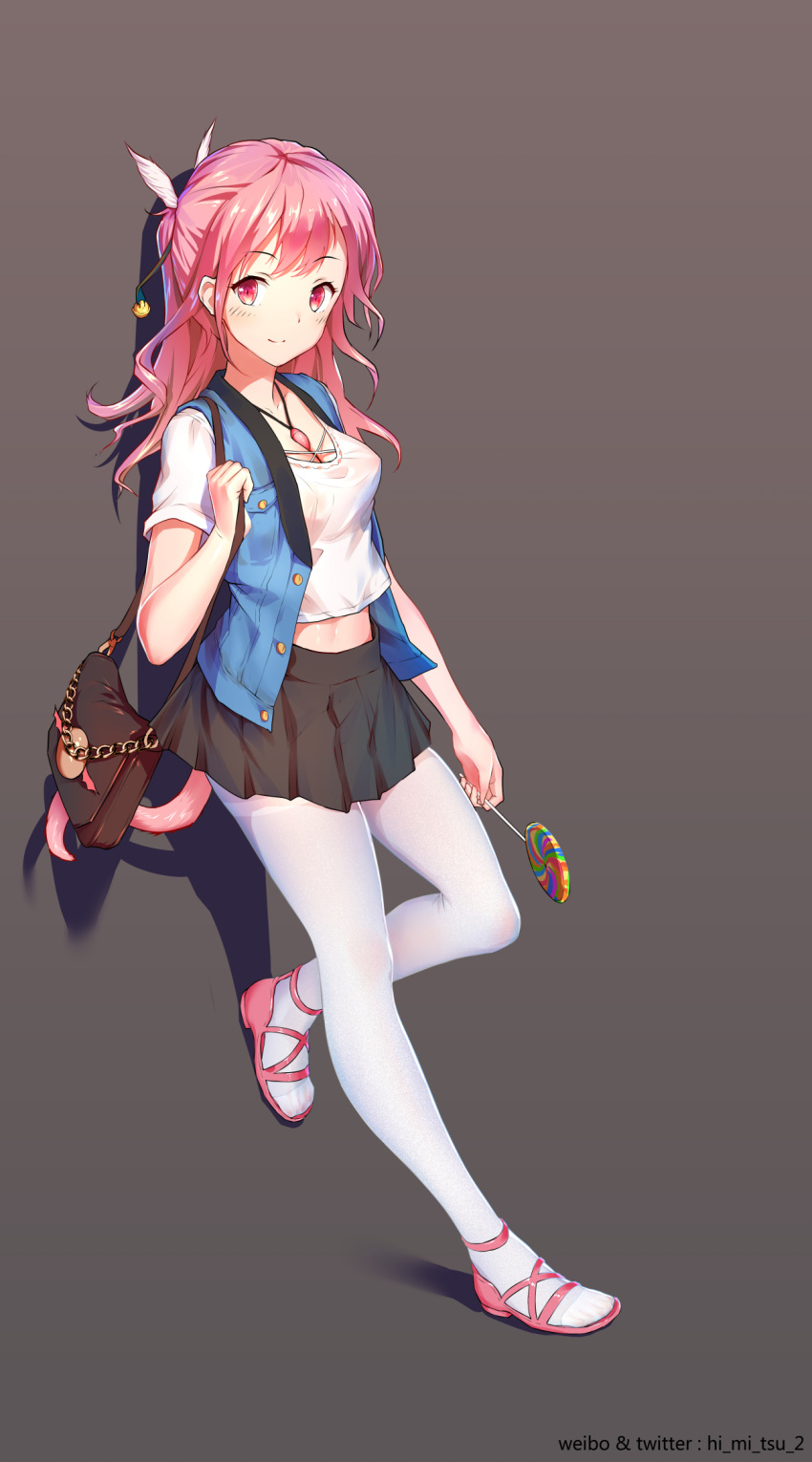 1girl, against_wall, artist_name, bag, bare_arms, bell, black_skirt, blue_jacket, blush, breasts, candy, chains, cleavage, collarbone, commentary_request, cross-laced_clothes, cross-laced_footwear, curly_hair, eyebrows_visible_through_hair, food, full_body, grey_background, hair_bell, hair_ornament, handbag, highres, holding_lollipop, holding_strap, jacket, jewelry, leaning, leaning_back, lollipop, long_hair, looking_at_viewer, looking_to_the_side, medium_breasts, medium_hair, midriff, necklace, open_clothes, open_jacket, open_toe_shoes, original, over_shoulder, pantyhose, pink_eyes, pink_footwear, pink_hair, pleated_skirt, ponytail, rabbit, rabbits_foot, shadow, shirt, short_sleeves, sidelocks, simple_background, skirt, sleeveless_jacket, smile, solo, standing, swirl_lollipop, tail, thighband_pantyhose, toes, tokinohimitsu, twitter_username, white_legwear, white_shirt