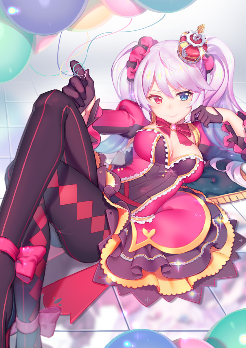 1girl, argyle, argyle_legwear, balloon, bangs, black_gloves, blue_eyes, breasts
