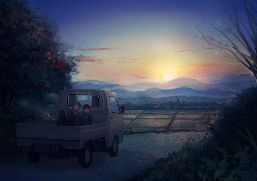 2boys, bare_tree, black_hair, blurry, brown_hair, clouds, coat, dawn